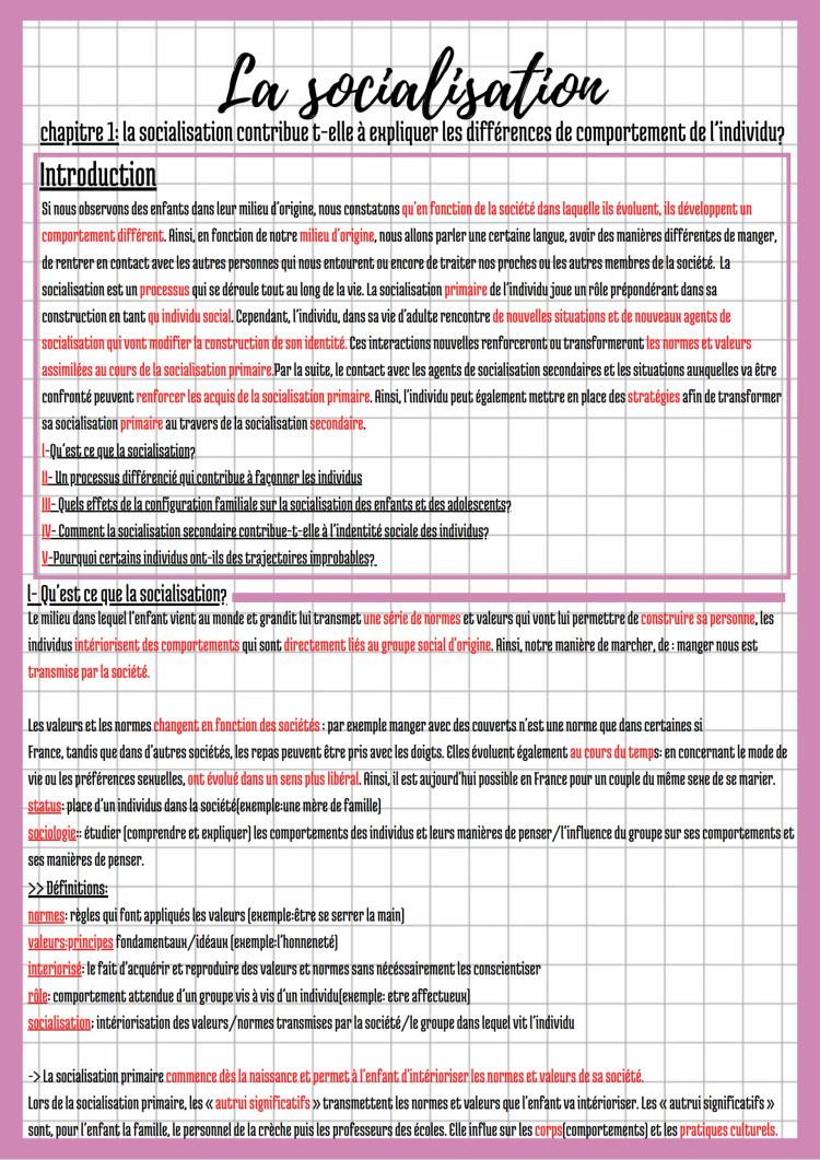 Know Ses chapitre 1 : la socialisation contribue t elle à expliquer les différences de comportements de l’individu?  thumbnail