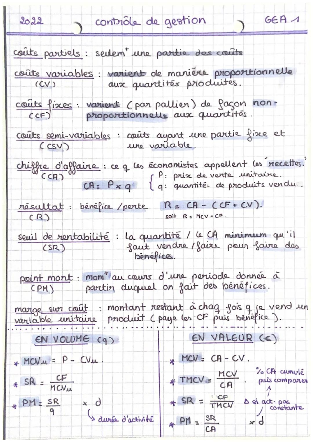 2022
contrôle de gestion
GEA 1
coûts partiels: seulem une partie des coûts
coûts variables: varient de manière proportionnelle
(CV)
aux quan
