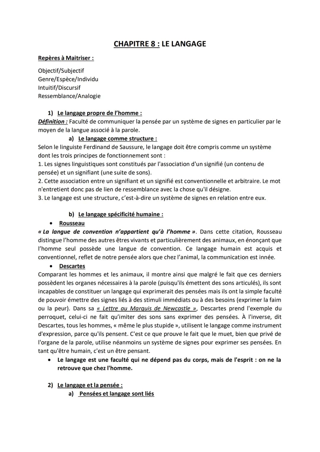 Repères à Maitriser :
Objectif/Subjectif
Genre/Espèce/Individu
Intuitif/Discursif
Ressemblance/Analogie
CHAPITRE 8: LE LANGAGE
1) Le langage