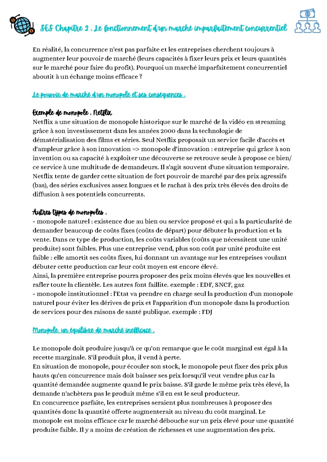 SES - Le fonctionnement d'un marché imparfaitement concurrentiel
