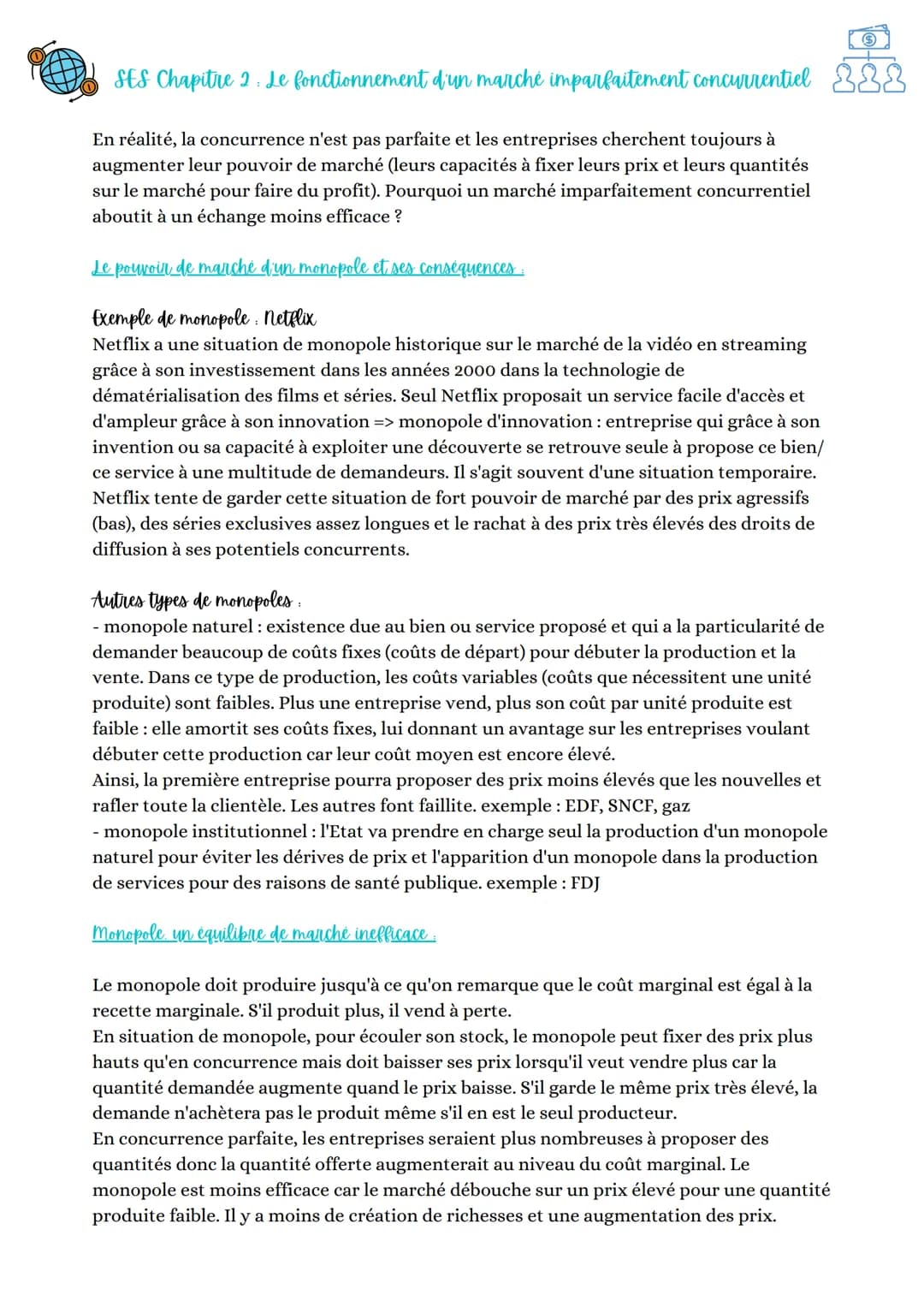 SES Chapitre 2 Le fonctionnement d'un marché imparfaitement concurrentiel
En réalité, la concurrence n'est pas parfaite et les entreprises c