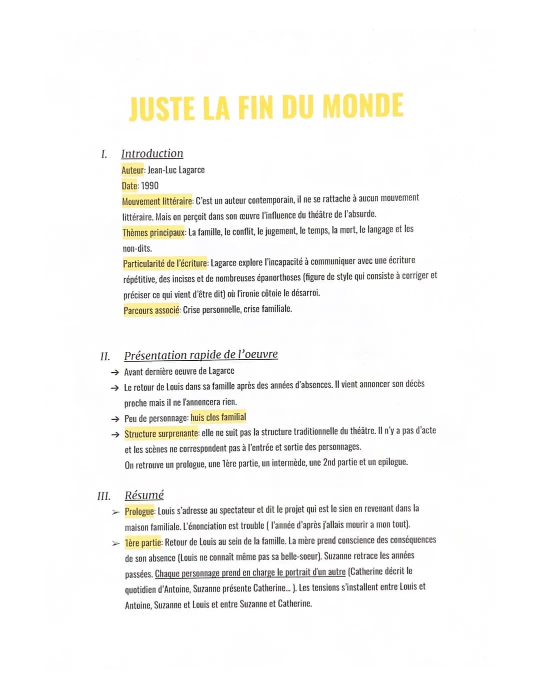 I.
II.
JUSTE LA FIN DU MONDE
III.
Introduction
Auteur: Jean-Luc Lagarce
Date: 1990
Mouvement littéraire: C'est un auteur contemporain, il ne