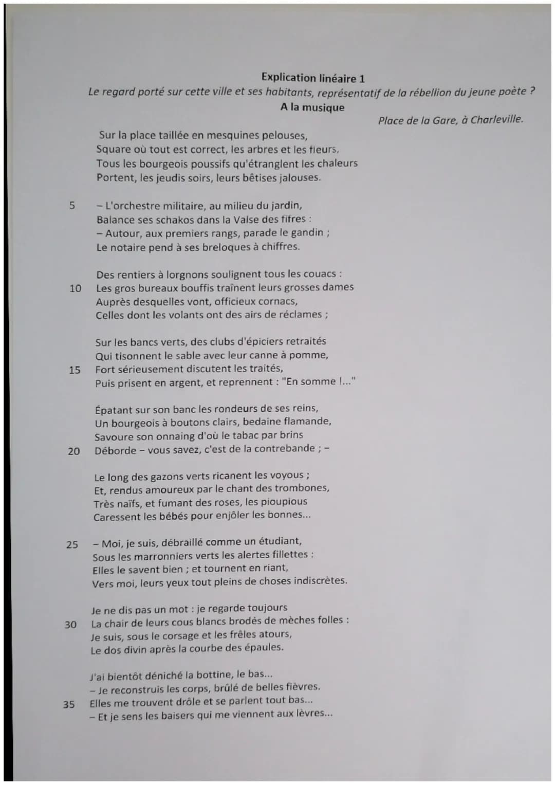 5
10
15
20
25
30
35
Explication linéaire 1
Le regard porté sur cette ville et ses habitants, représentatif de la rébellion du jeune poète ?
