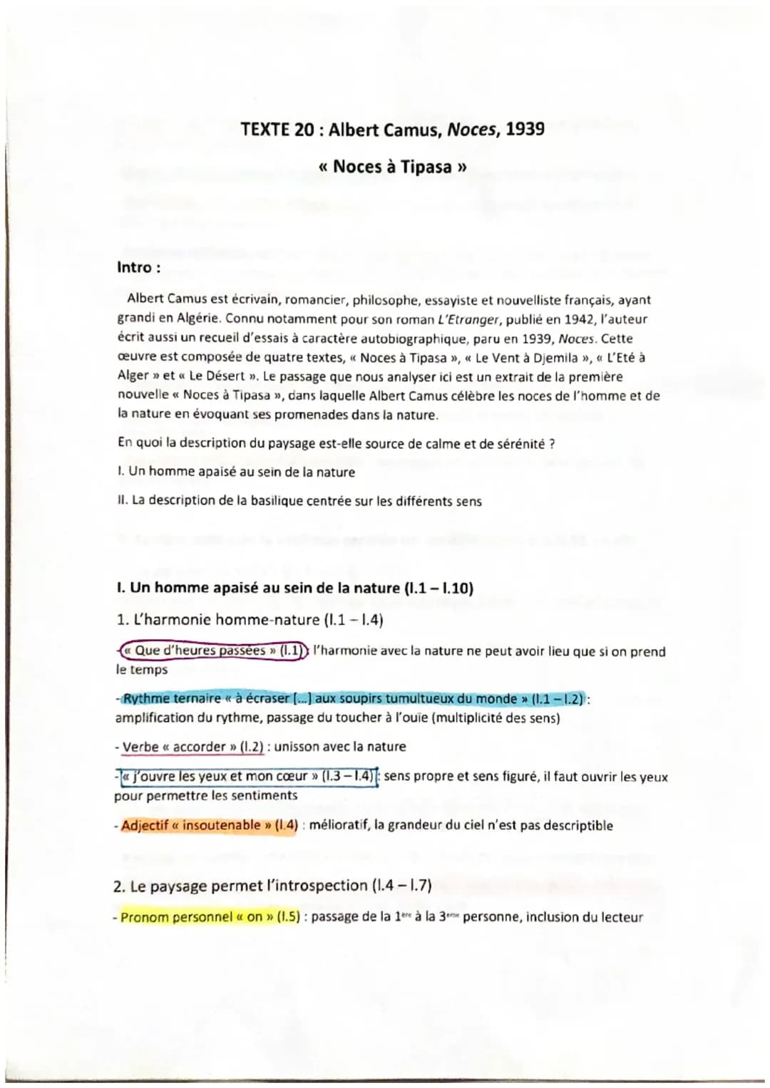analyse linéaire d’un extrait « Noces à Tipasa » de Noces