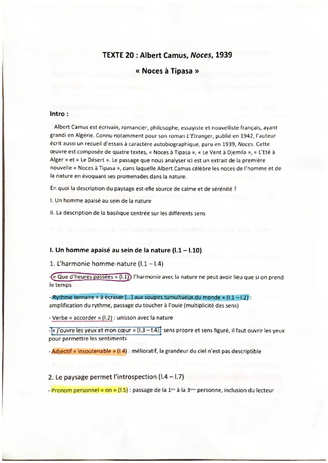 TEXTE 20: Albert Camus, Noces, 1939
<< Noces à Tipasa >>
Intro :
Albert Camus est écrivain, romancier, philosophe, essayiste et nouvelliste 
