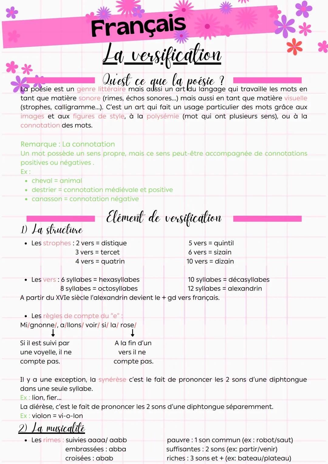 **
Français
La versification
Qu'est
ce
que
la
poésie ?
La poésie est un genre littéraire mais aussi un art du langage qui travaille les mots