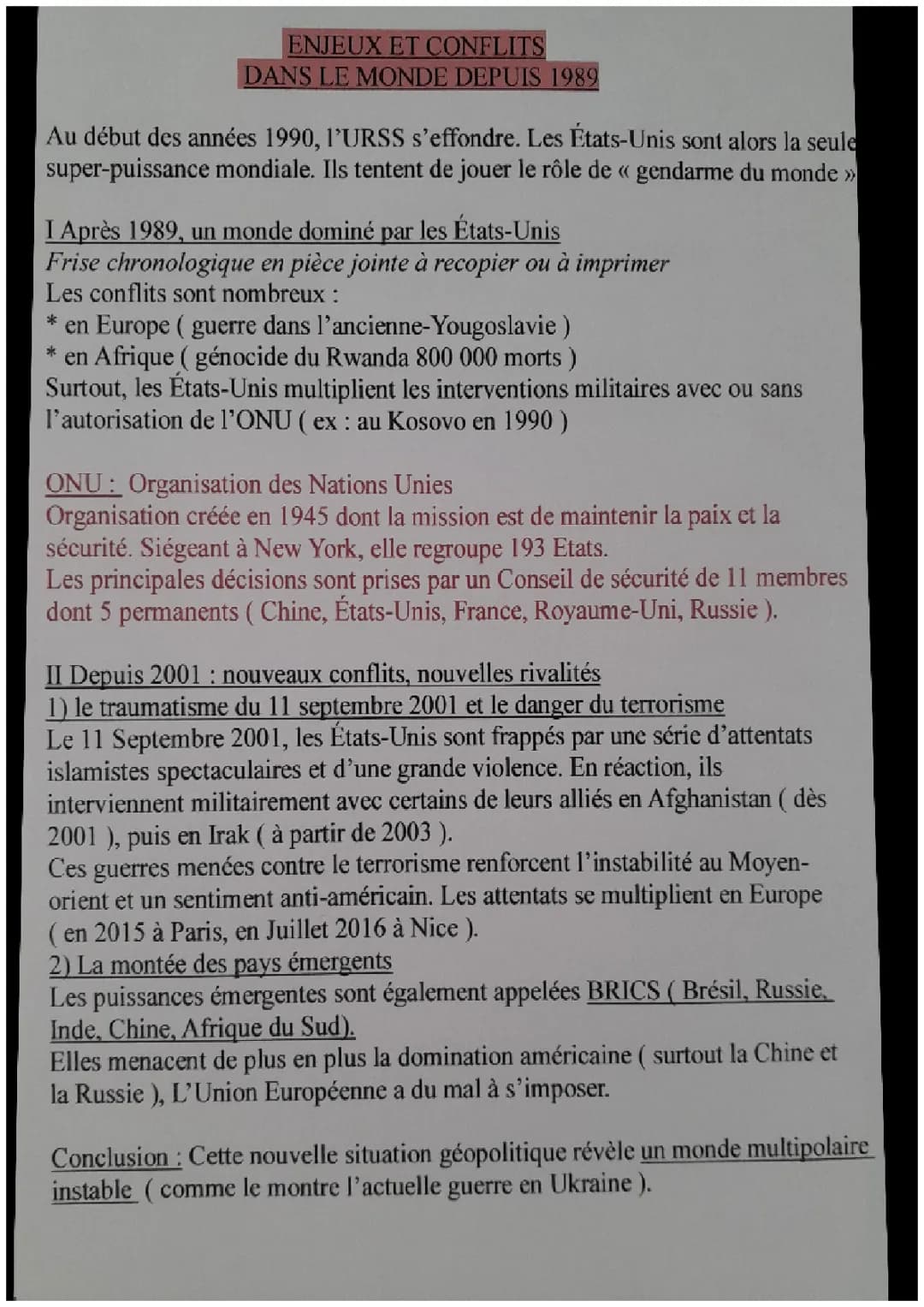 Enjeux et conflits dans le monde depuis 1989