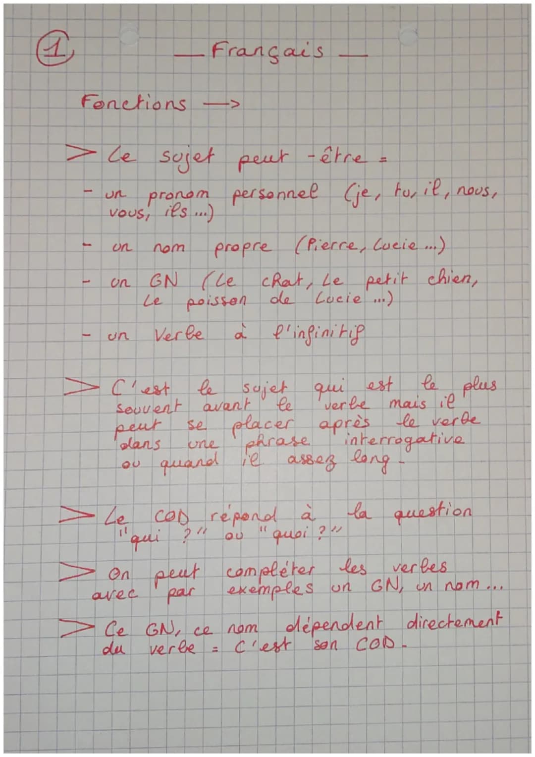 Français
Fonctions
=>
>
Le sujet peut-être =
un
pronom personnel (je, tu, il, nous,
vous, its...)
- un nom
T
A
un
propre (Pierre, Lucie ...)