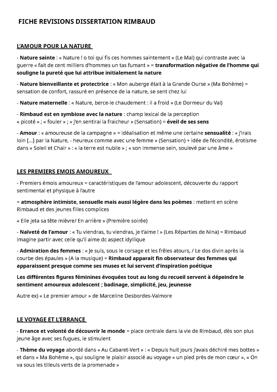 grosse fiche de révisions dissertation Rimbaud 
