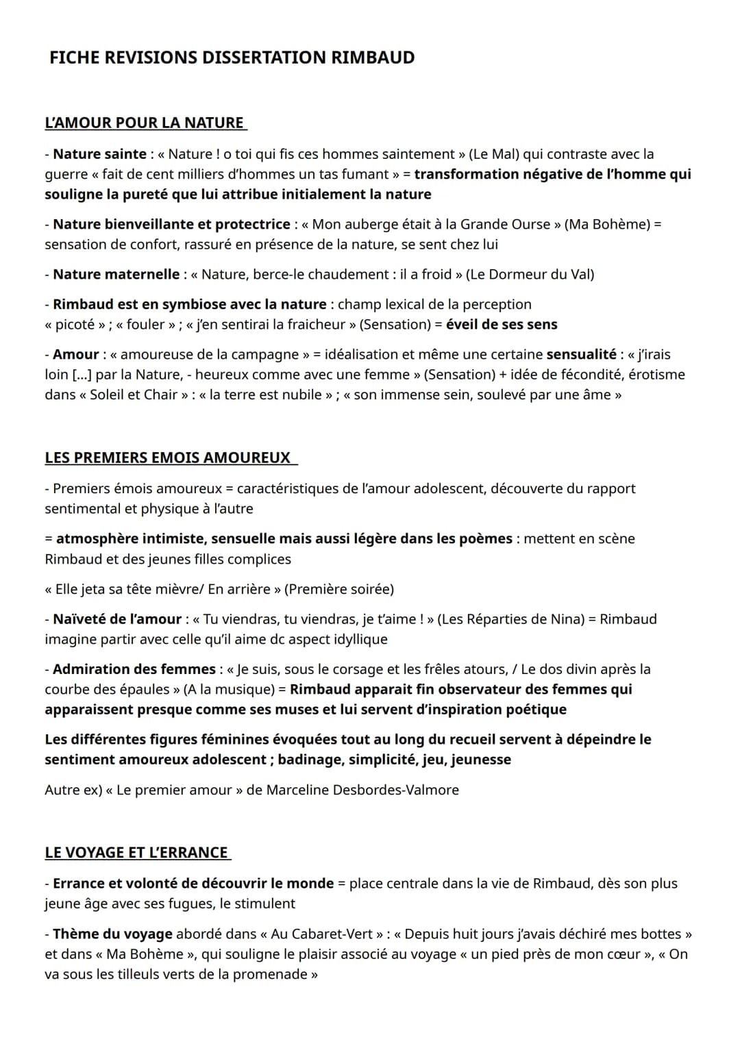FICHE REVISIONS DISSERTATION RIMBAUD
L'AMOUR POUR LA NATURE
- Nature sainte : « Nature! o toi qui fis ces hommes saintement » (Le Mal) qui c