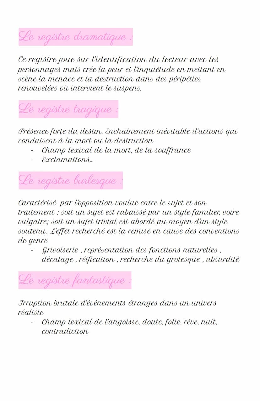 Les registres
Le registre lyrique:
Expression des sentiments personnels
Champ lexical des émotions, des sentiments
Interjection, points de s