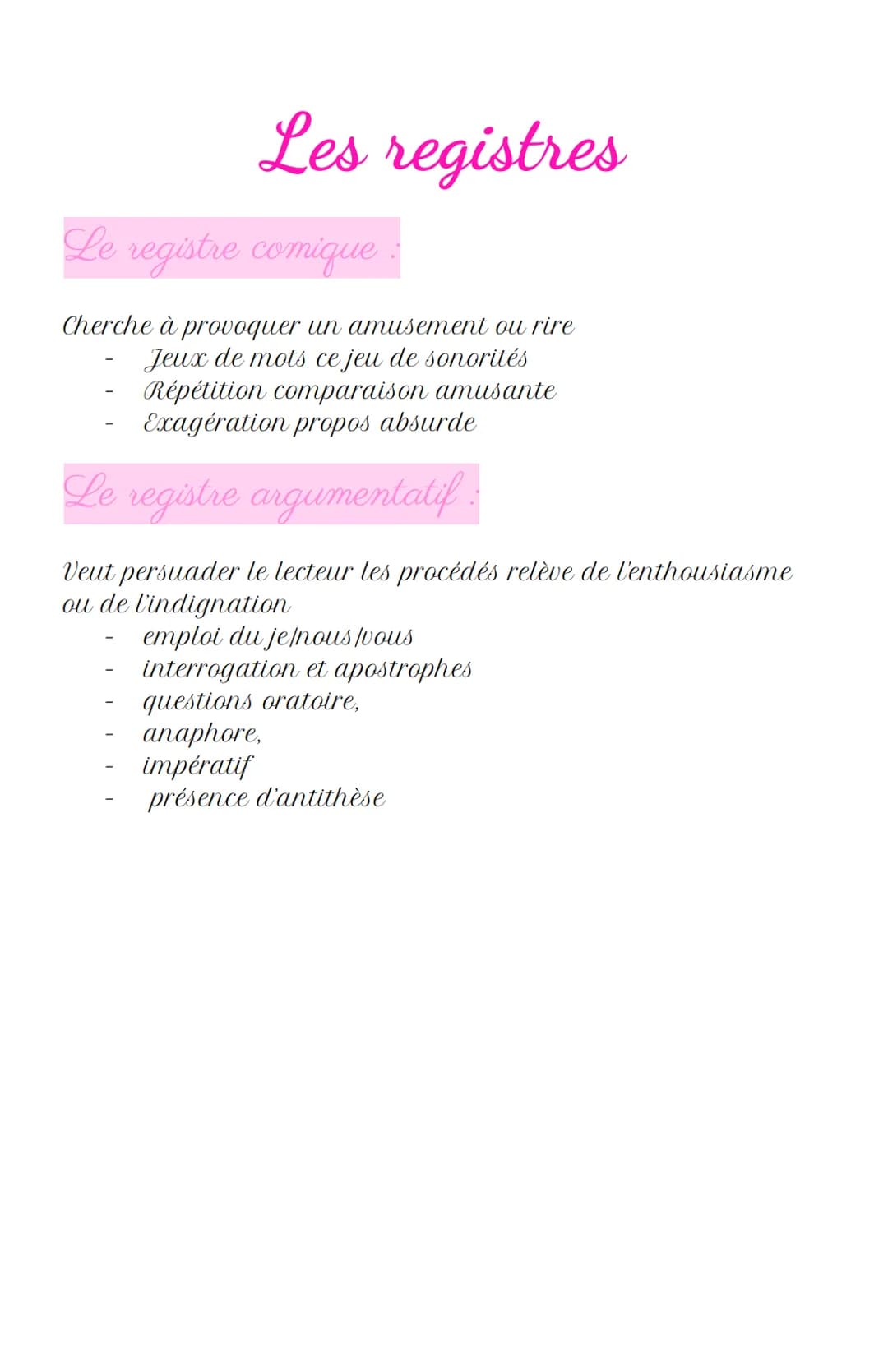Les registres
Le registre lyrique:
Expression des sentiments personnels
Champ lexical des émotions, des sentiments
Interjection, points de s