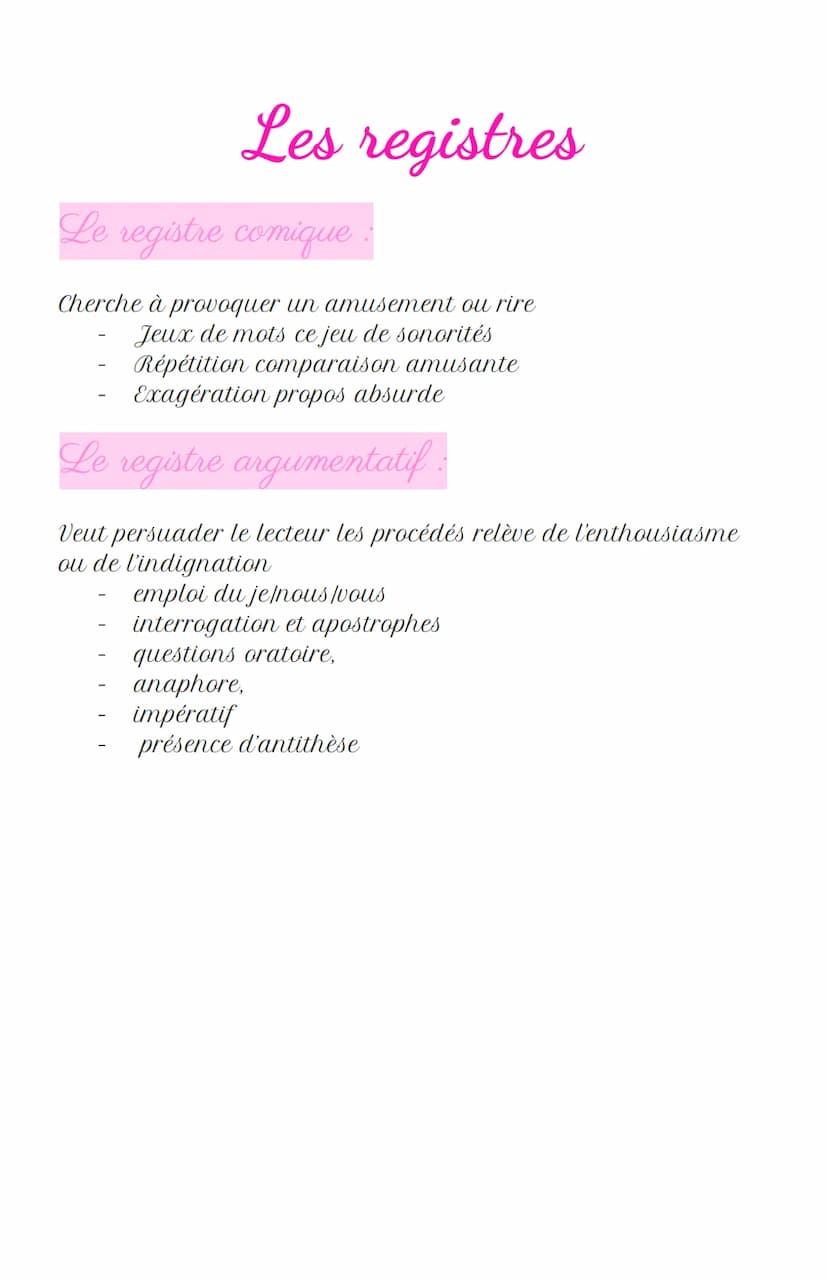 Les registres
Le registre lyrique:
Expression des sentiments personnels
Champ lexical des émotions, des sentiments
Interjection, points de s