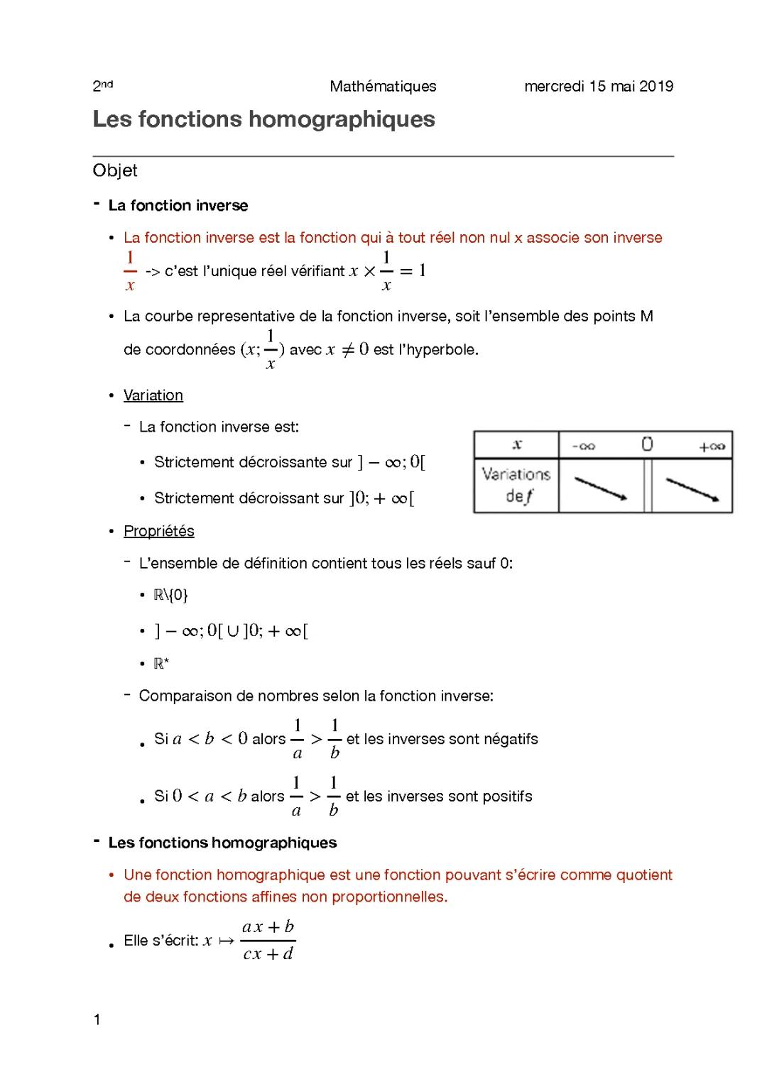 Fonctions homographiques