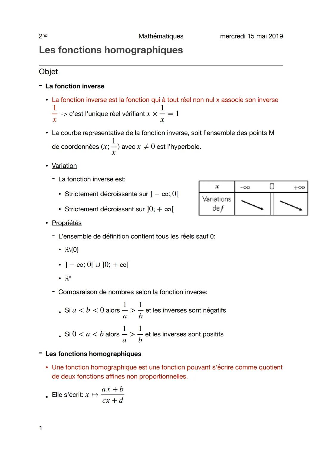 2nd
Les fonctions homographiques
1
Objet
- La fonction inverse
• La fonction inverse est la fonction qui à tout réel non nul x associe son i
