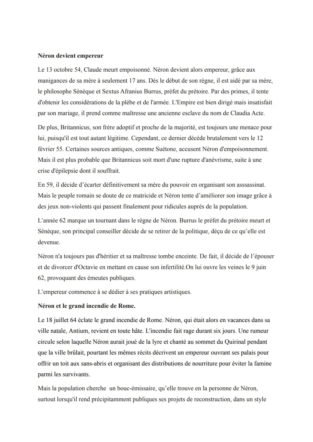 Introduction
L'empereur Néron
Né le 15 décembre 37 à Antium et mort le 9 juin 68 à Rome, Néron est le cinquième et
dernier empereur romain d