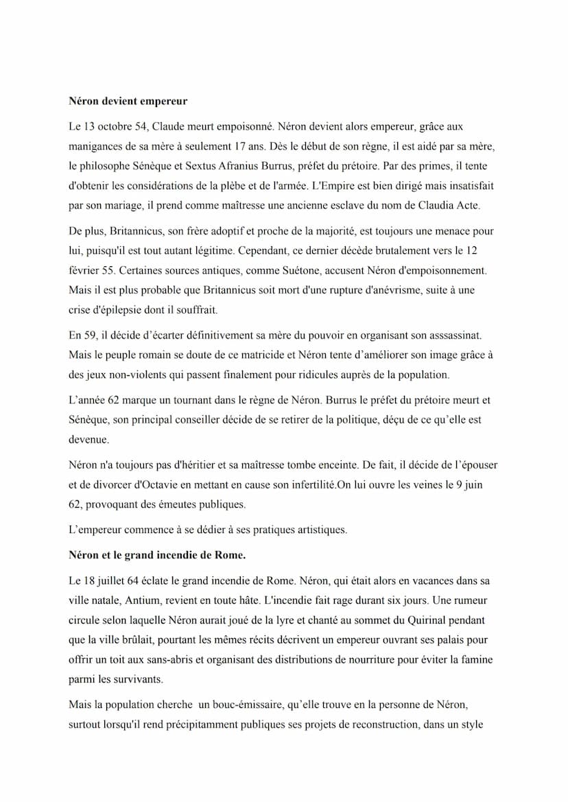 Introduction
L'empereur Néron
Né le 15 décembre 37 à Antium et mort le 9 juin 68 à Rome, Néron est le cinquième et
dernier empereur romain d