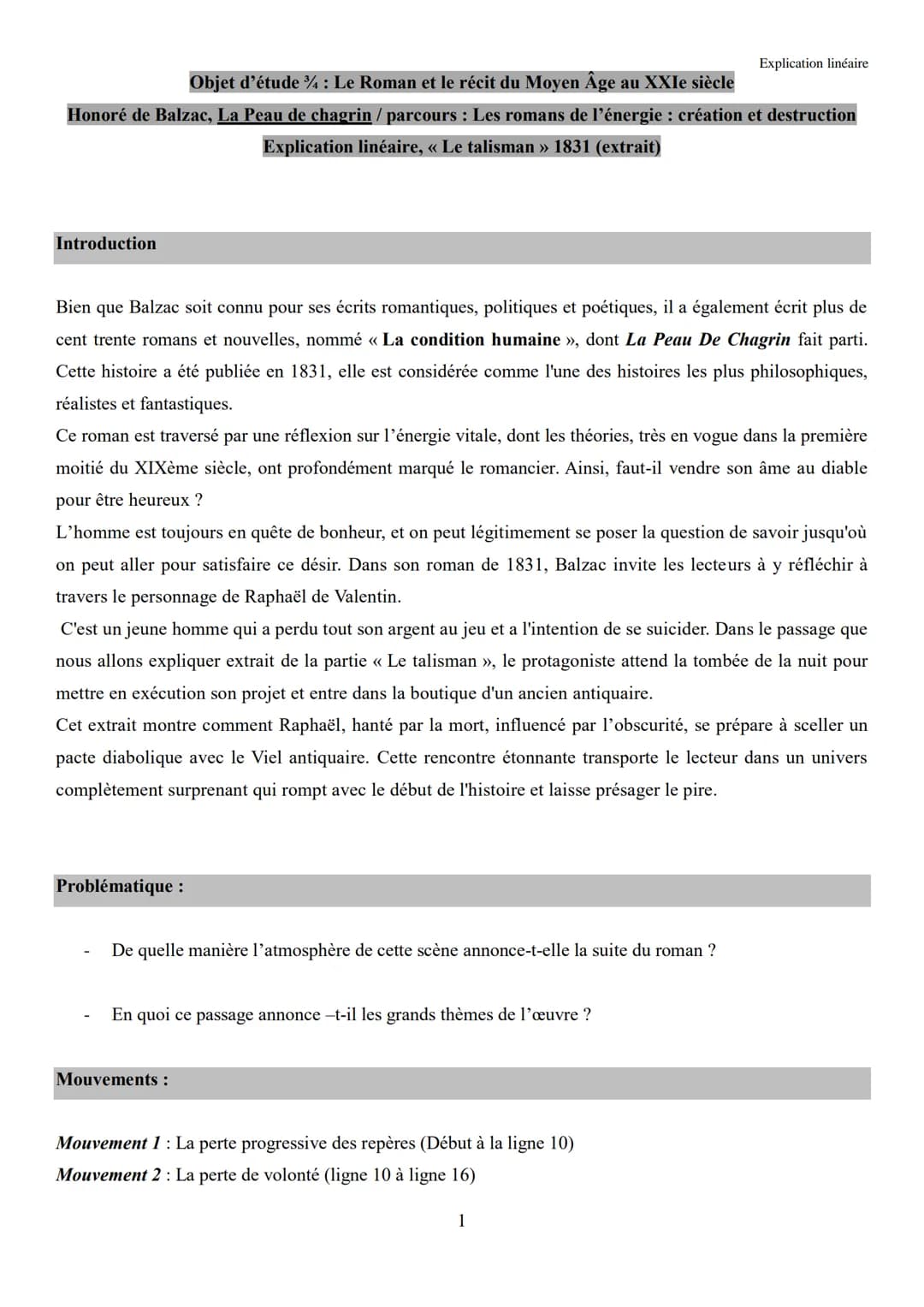 Objet d'étude ¾ : Le Roman et le récit du Moyen Âge au XXIe siècle
Honoré de Balzac, La Peau de chagrin / parcours : Les romans de l'énergie