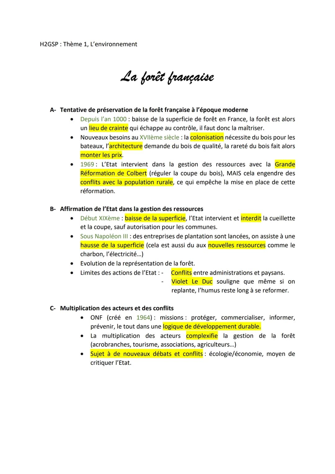 H2GSP: Thème 1, L'environnement
A- Tentative de préservation de la forêt française à l'époque moderne
● Depuis l'an 1000: baisse de la super