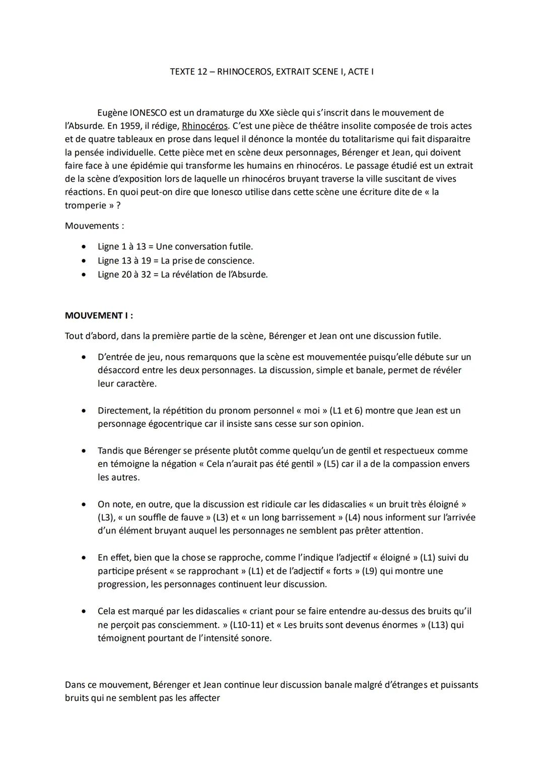 # TEXTE 12-RHINOCEROS, EXTRAIT SCENE I, ACTE I

Eugène IONESCO est un dramaturge du XXe siècle qui s'inscrit dans le mouvement de
l'Absurde.