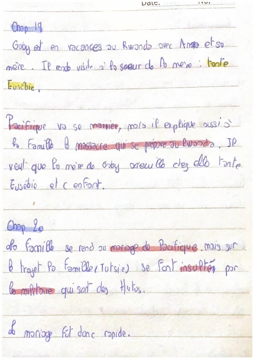 = perssonage
Petit pays
information important
Date.
No.
Prologue ->
Chap 1:
do "Gaol Faye'
Le narrateur (Goby) noux explique la vie / mariag