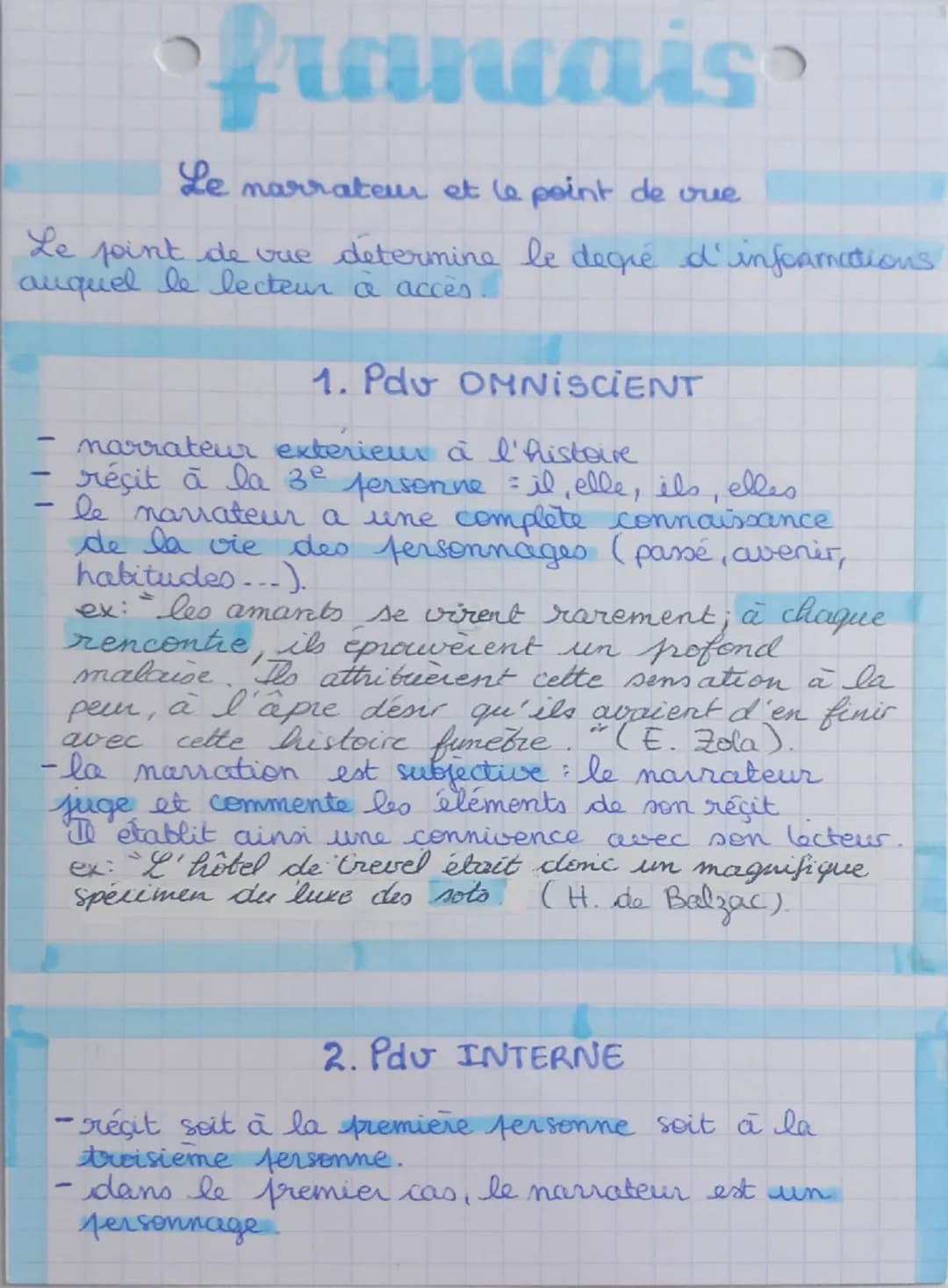 francais
Le narrateur et le point de vue
Le point de vue determine le degré d'informations
auquel le lecteur à accès
-
1. Pdv OMNISCIENT
nar
