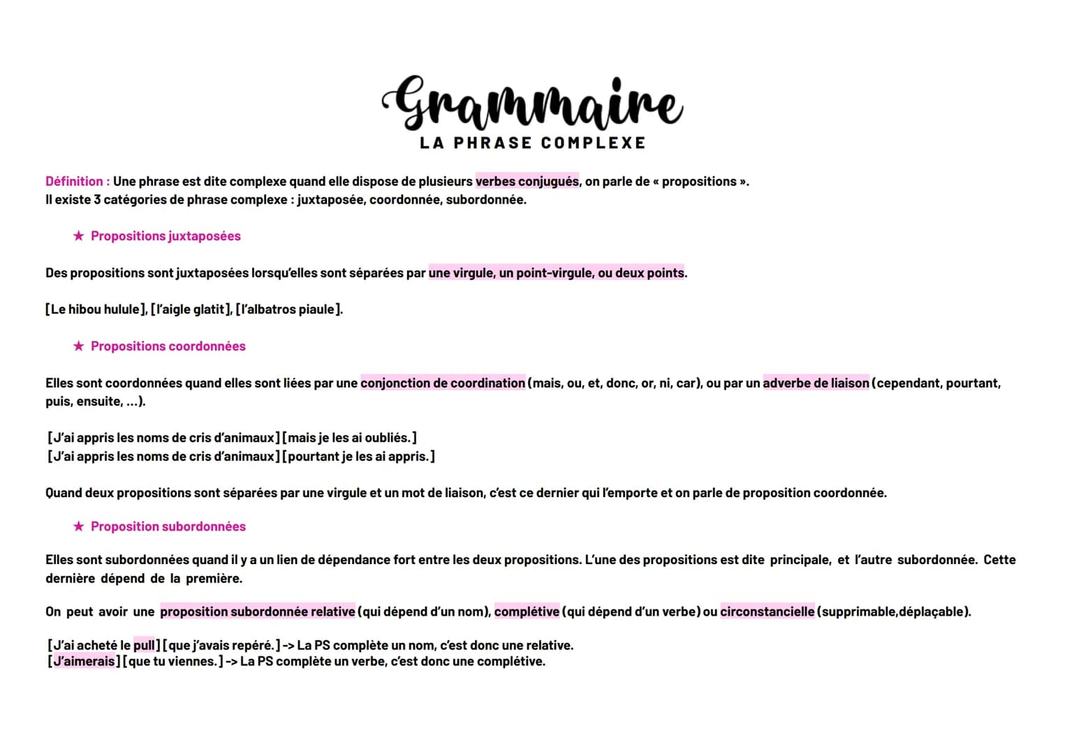Grammaire
LA PHRASE COMPLEXE
Définition: Une phrase est dite complexe quand elle dispose de plusieurs verbes conjugués, on parle de « propos
