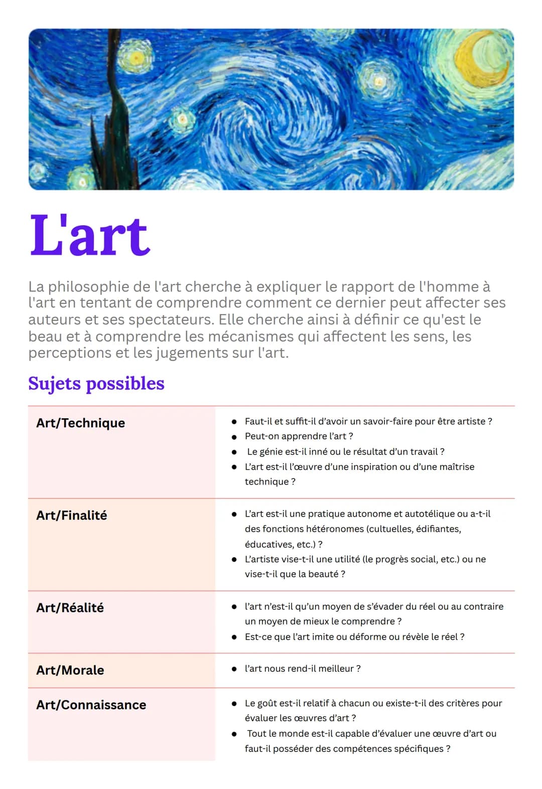 L'art
La philosophie de l'art cherche à expliquer le rapport de l'homme à
l'art en tentant de comprendre comment ce dernier peut affecter se