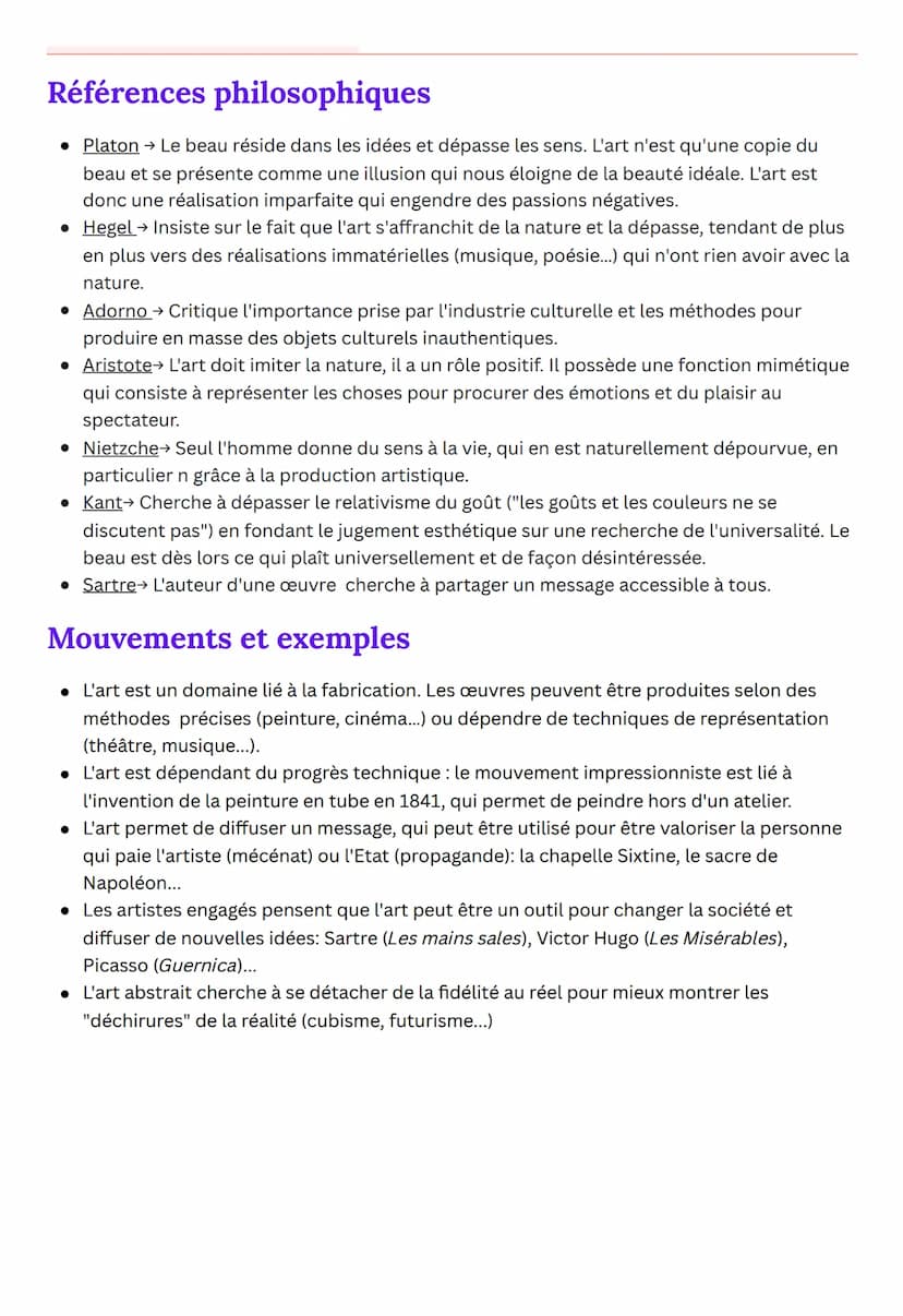 L'art
La philosophie de l'art cherche à expliquer le rapport de l'homme à
l'art en tentant de comprendre comment ce dernier peut affecter se