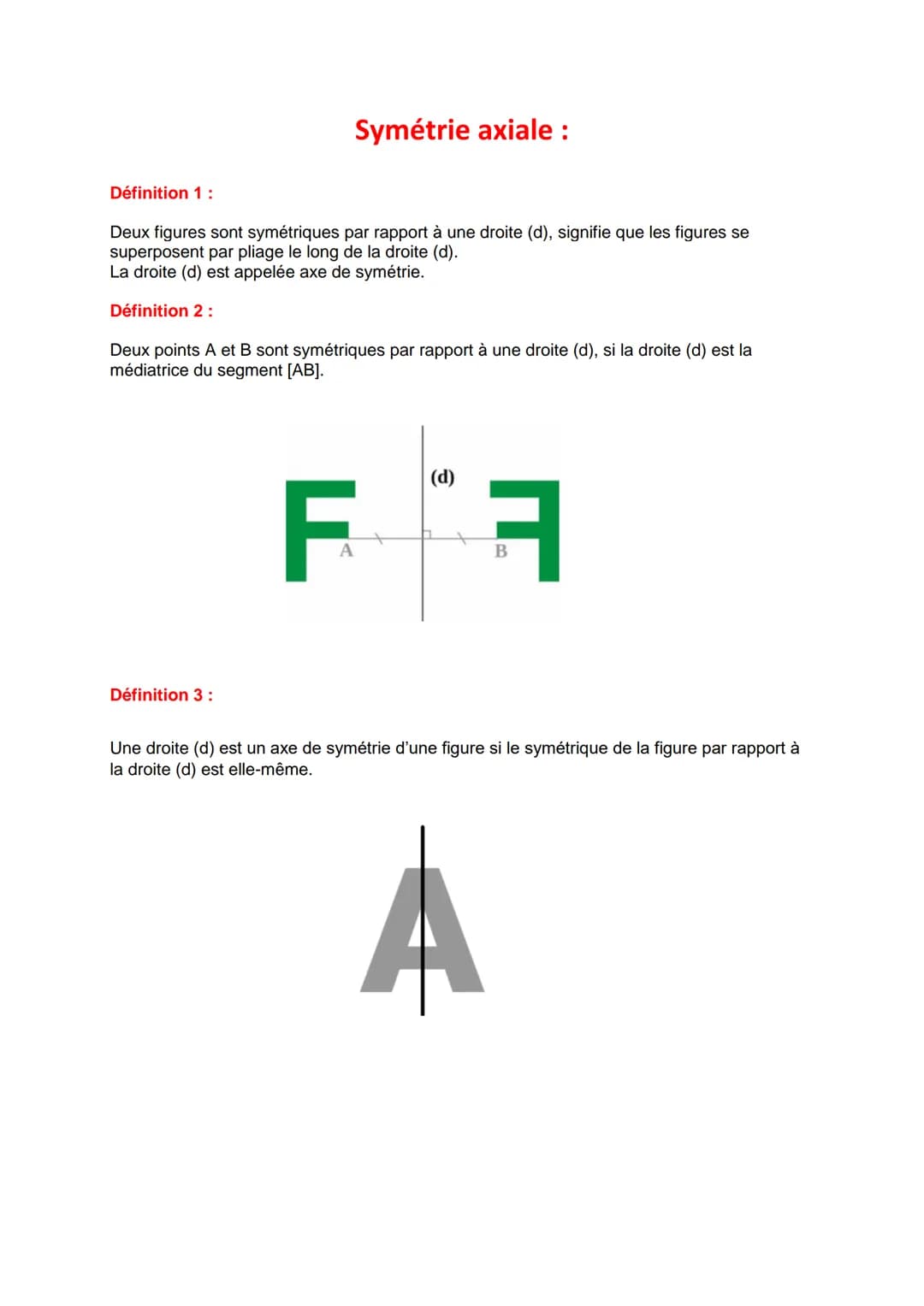 Définition 1:
Symétrie axiale :
Deux figures sont symétriques par rapport à une droite (d), signifie que les figures se
superposent par plia
