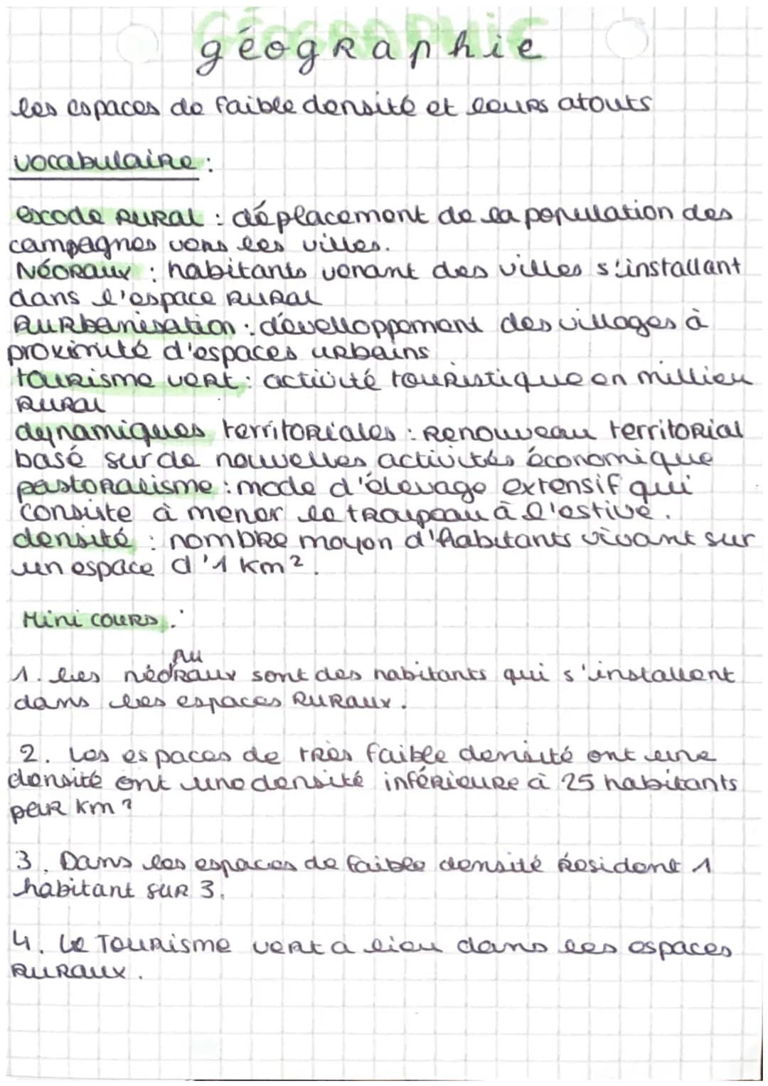 geographie
les espaces de faible densité et leurs atouts
vocabulaire :
excode Rural: déplacement de la population des
campagnes vers les vil
