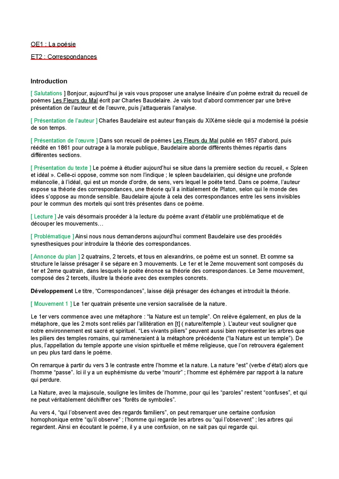 Analyse linéaire Correspondances Baudelaire Bac français