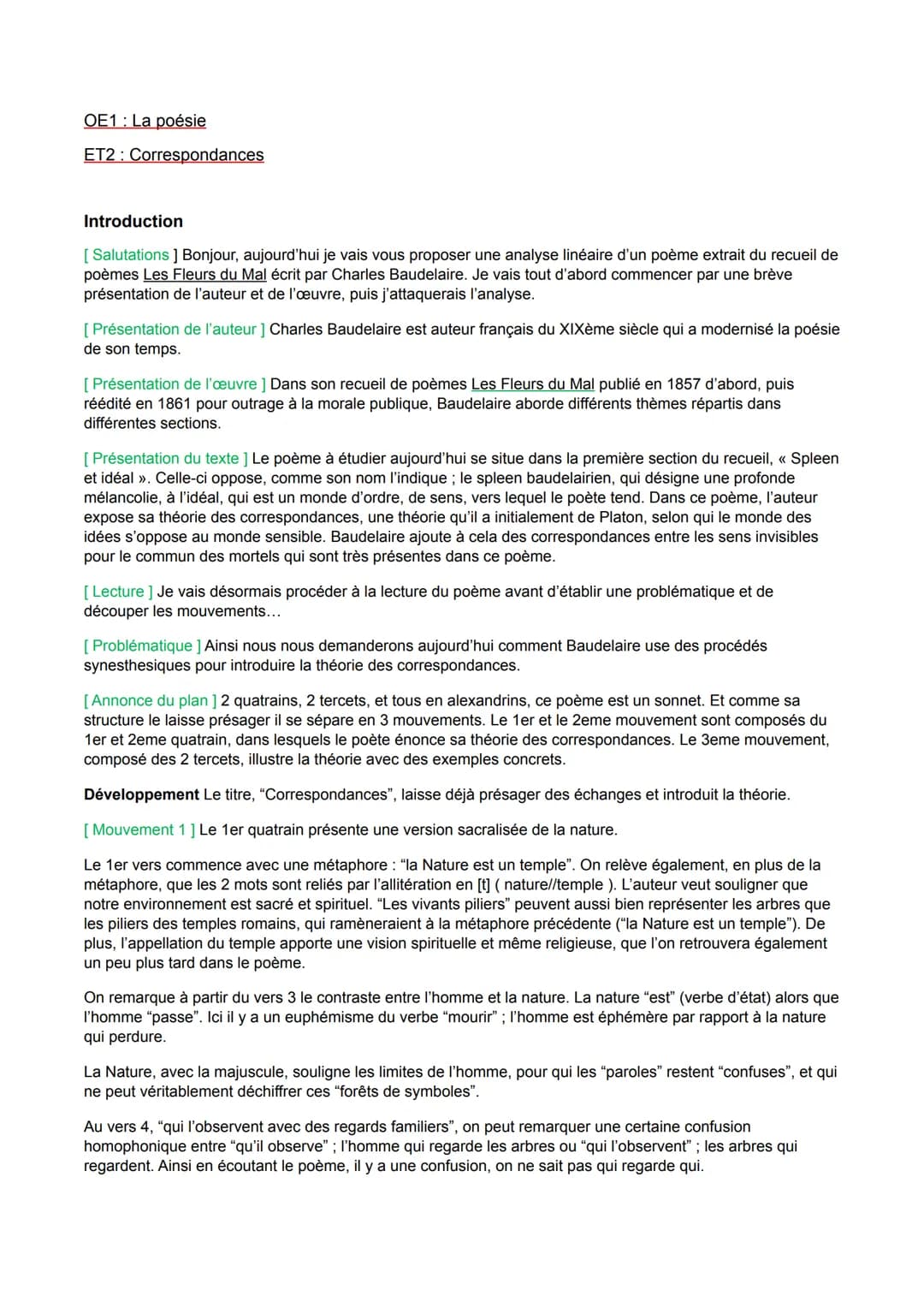 OE1 La poésie
ET2: Correspondances
Introduction
[Salutations ] Bonjour, aujourd'hui je vais vous proposer une analyse linéaire d'un poème ex