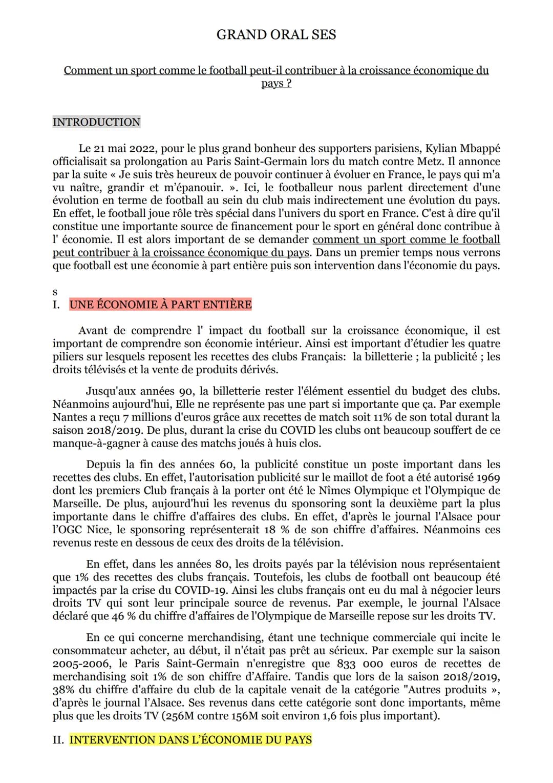 GRAND ORAL SES
Comment un sport comme le football peut-il contribuer à la croissance économique du
pays ?
INTRODUCTION
Le 21 mai 2022, pour 