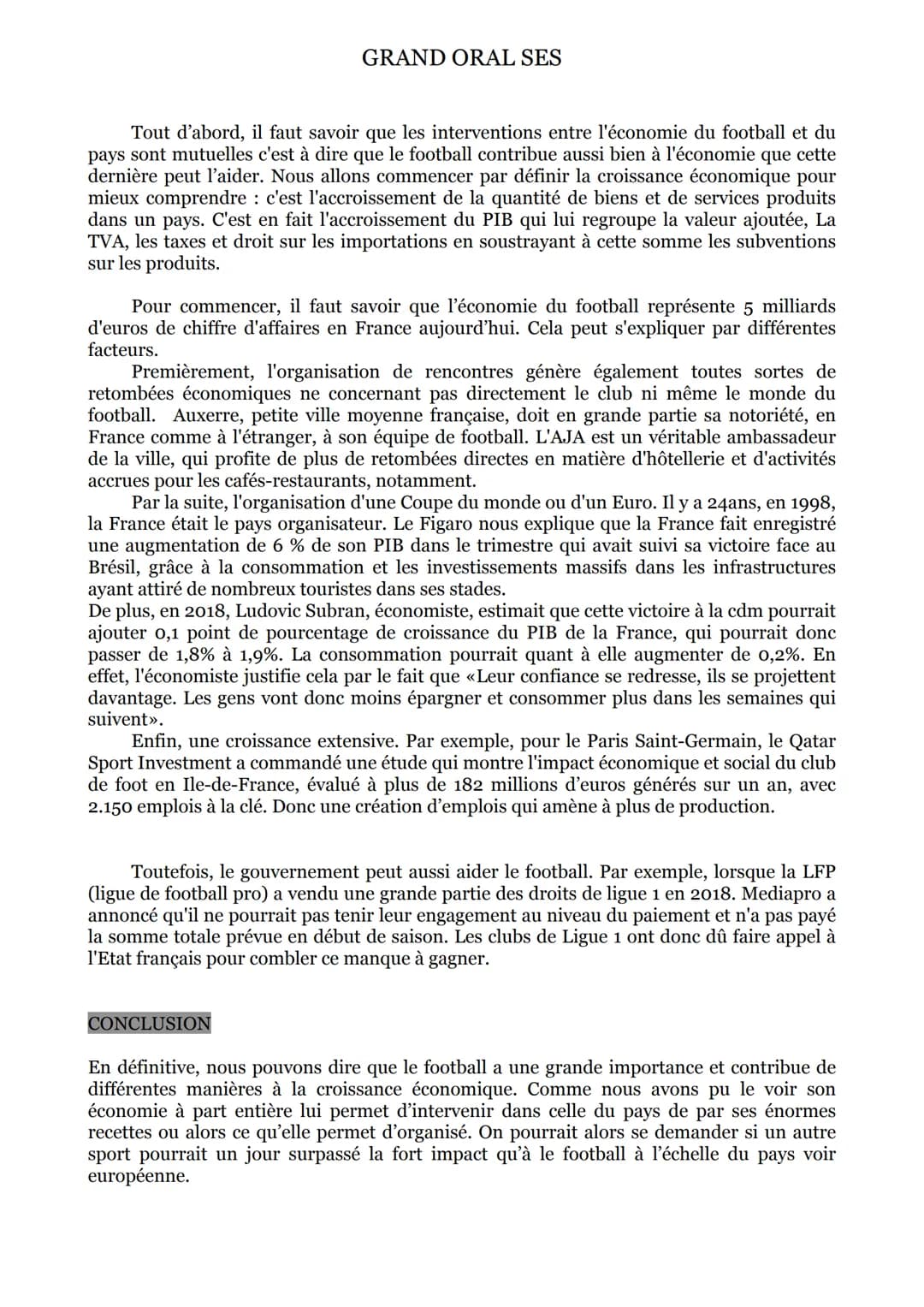 GRAND ORAL SES
Comment un sport comme le football peut-il contribuer à la croissance économique du
pays ?
INTRODUCTION
Le 21 mai 2022, pour 