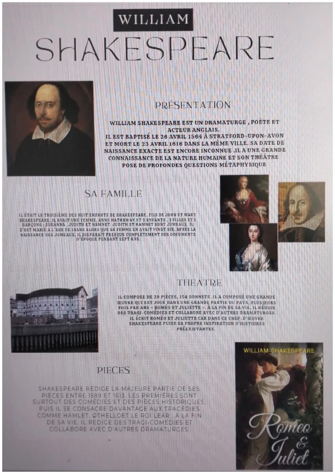 WILLIAM
SHAKESPEARE
PRESENTATION
WILLIAM SHAKESPEARE EST UN DRAMATURGE, POETE ET
ACTEUR ANGLAIS.
IL EST BAPTISE LE 26 AVRIL 1564 A STRATFORD