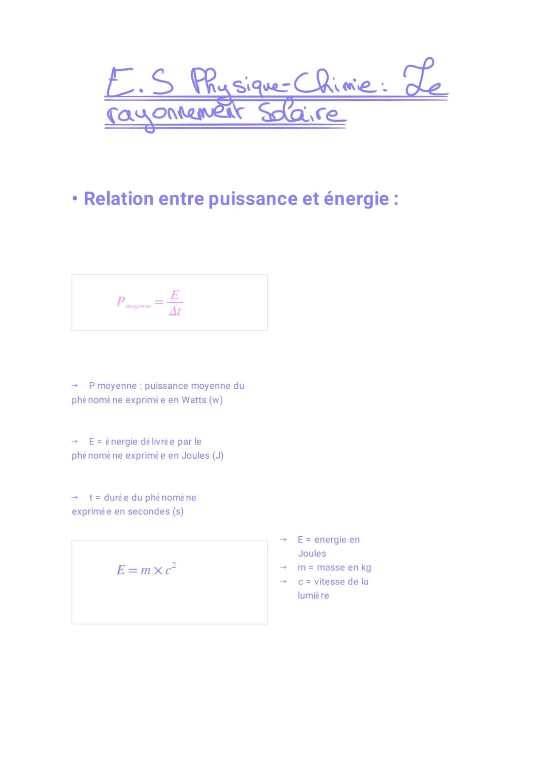 E.S Physique-Chimie: Le
rayonnement Solaire
• Relation entre puissance et énergie:
E
P -
mogenne At
P moyenne : puissance moyenne du
phénomè