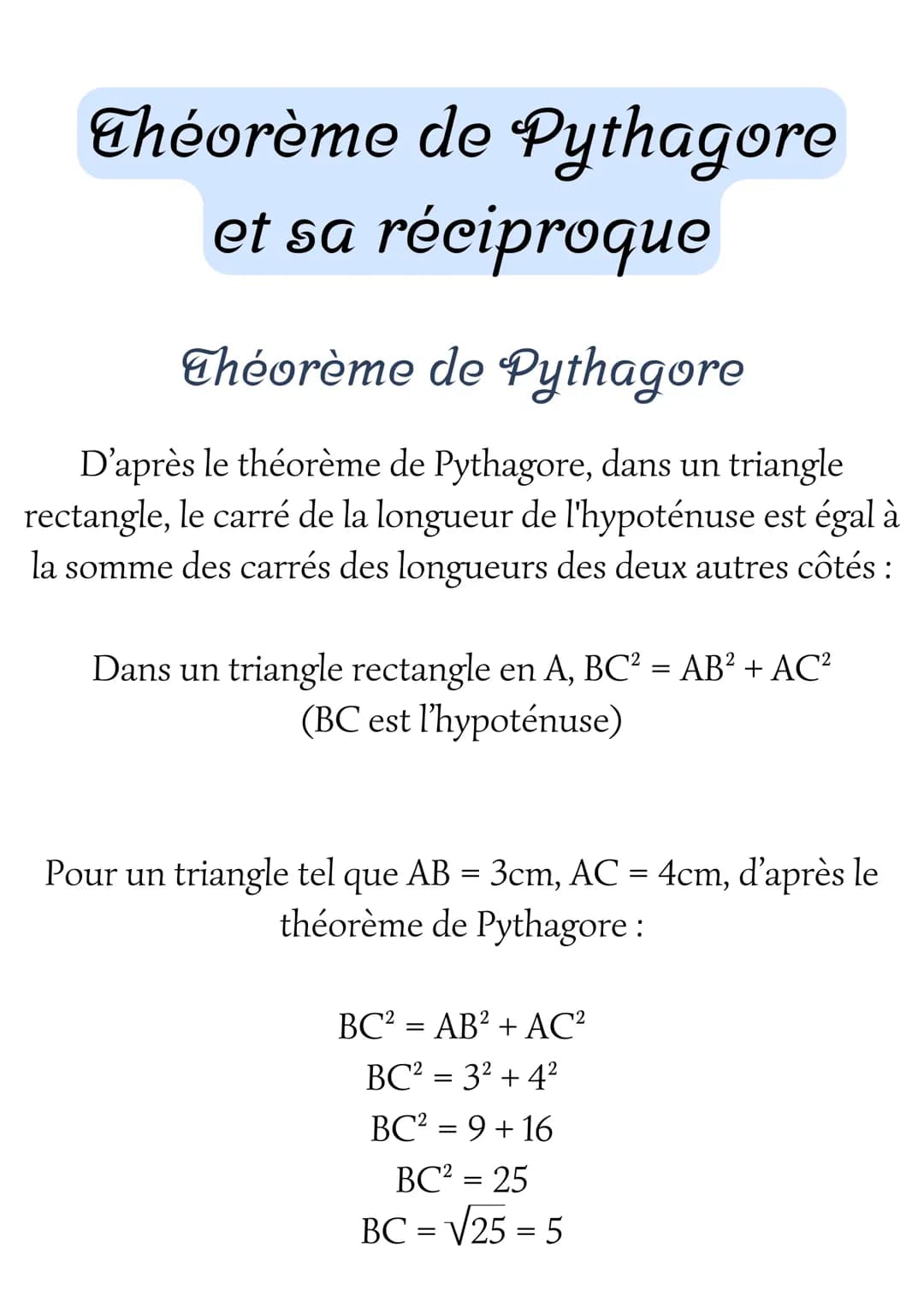 Théorème de Pythagore et sa réciproque
