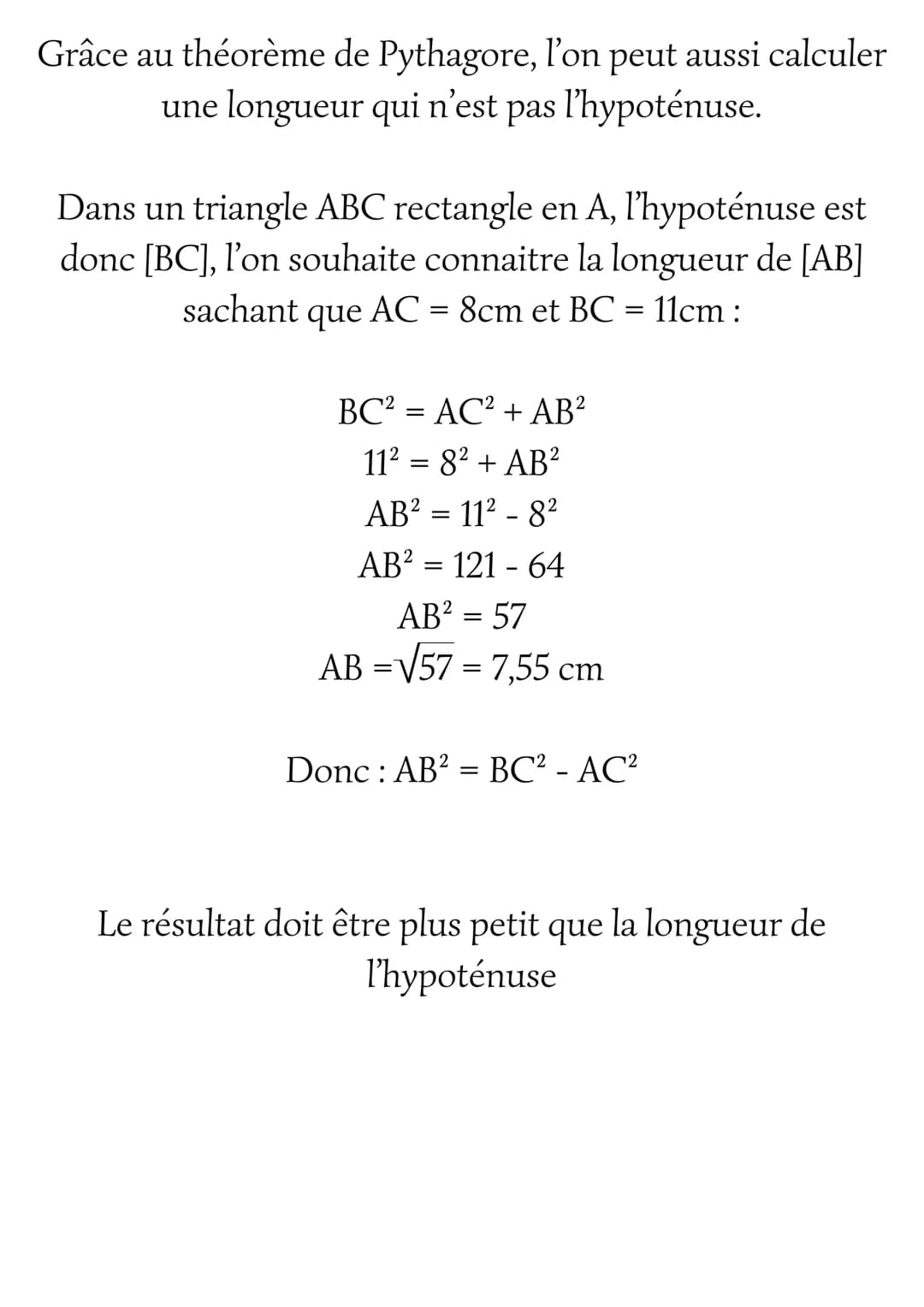 Théorème de Pythagore
et sa réciproque
Théorème de Pythagore
D'après le théorème de Pythagore, dans un triangle
rectangle, le carré de la lo