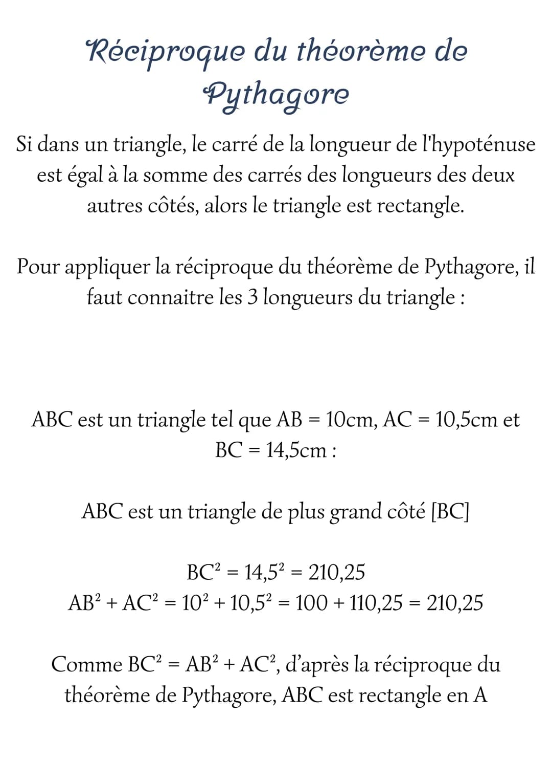 Théorème de Pythagore
et sa réciproque
Théorème de Pythagore
D'après le théorème de Pythagore, dans un triangle
rectangle, le carré de la lo