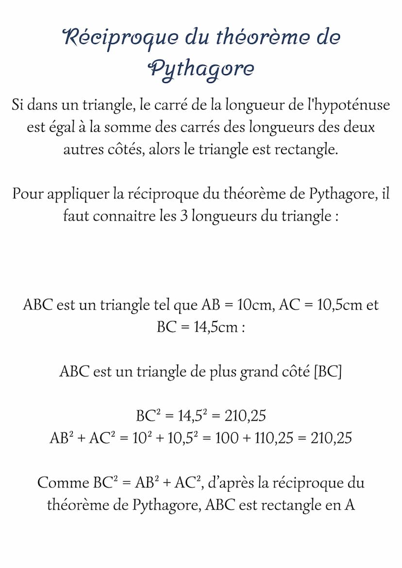 Théorème de Pythagore
et sa réciproque
Théorème de Pythagore
D'après le théorème de Pythagore, dans un triangle
rectangle, le carré de la lo