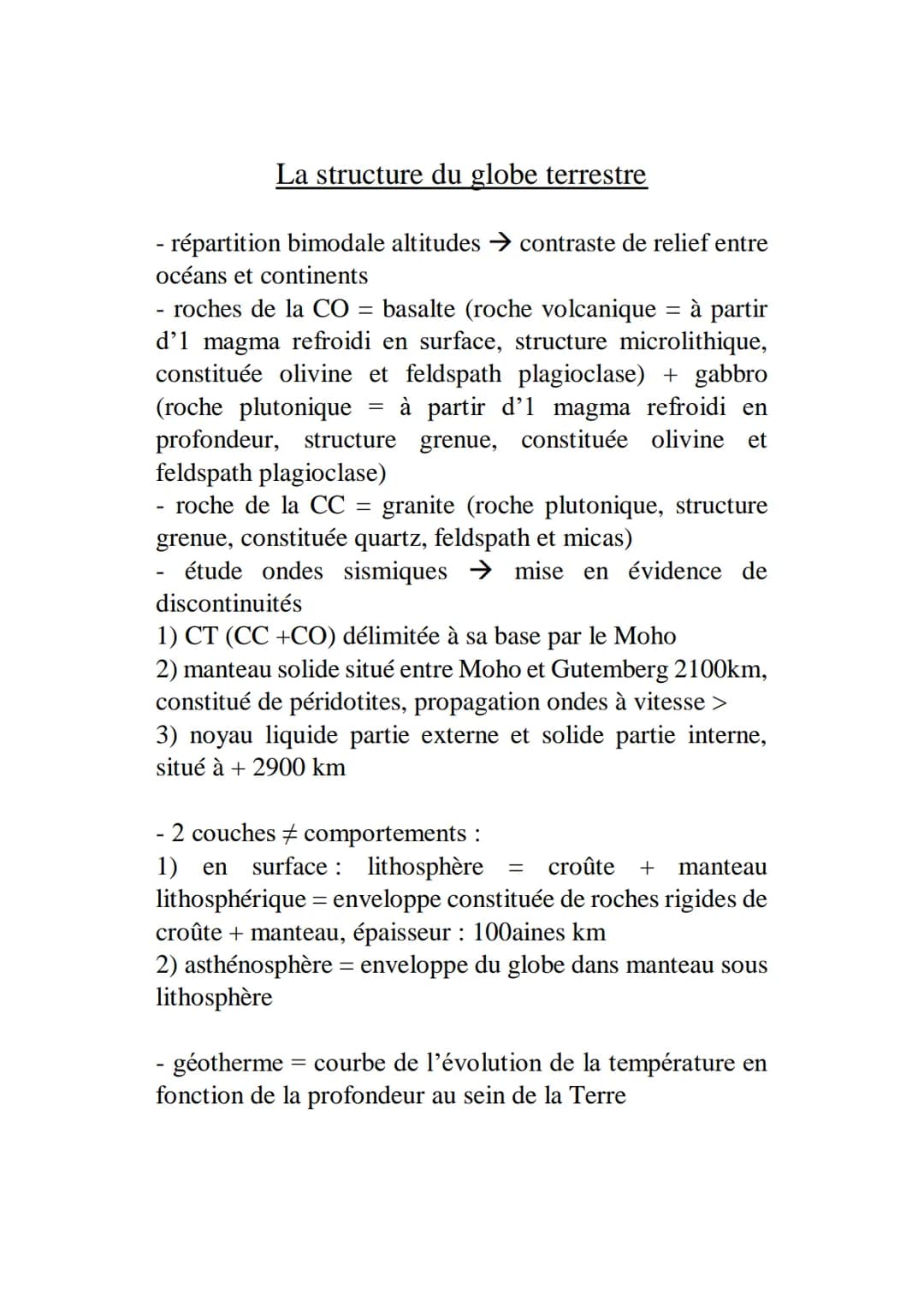 La structure du globe terrestre
- répartition bimodale altitudes → contraste de relief entre
océans et continents
roches de la CO = basalte 