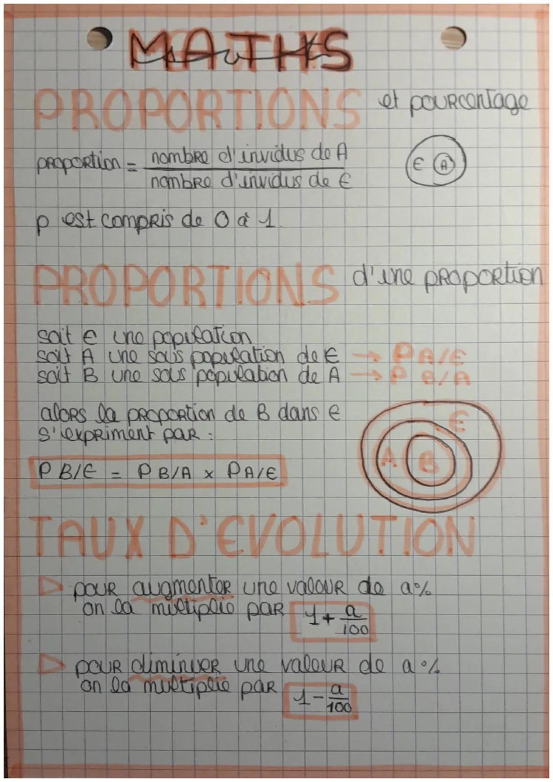 # MATHS

PROPORTIONS et pourcentage

proportion = nombre d'invidus de A
nombre d'invidus de E

E A

p est compris de 0 à 1

PROPORTIONS d'un