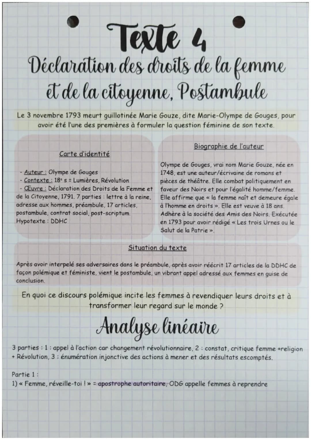 Texte 4
Déclaration des droits de la femme
et de la citoyenne, Postambule
Le 3 novembre 1793 meurt guillotinée Marie Gouze, dite Marie-Olymp