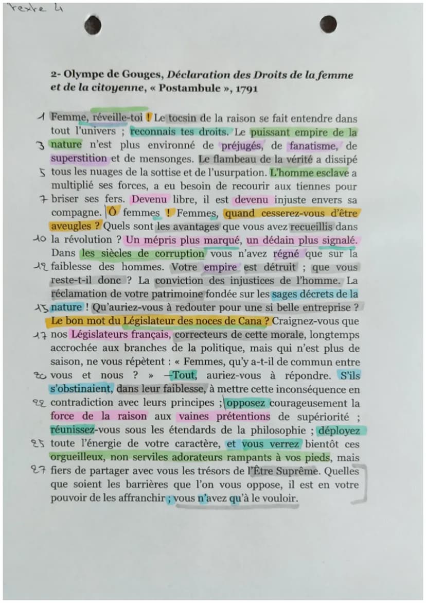 Texte 4
Déclaration des droits de la femme
et de la citoyenne, Postambule
Le 3 novembre 1793 meurt guillotinée Marie Gouze, dite Marie-Olymp
