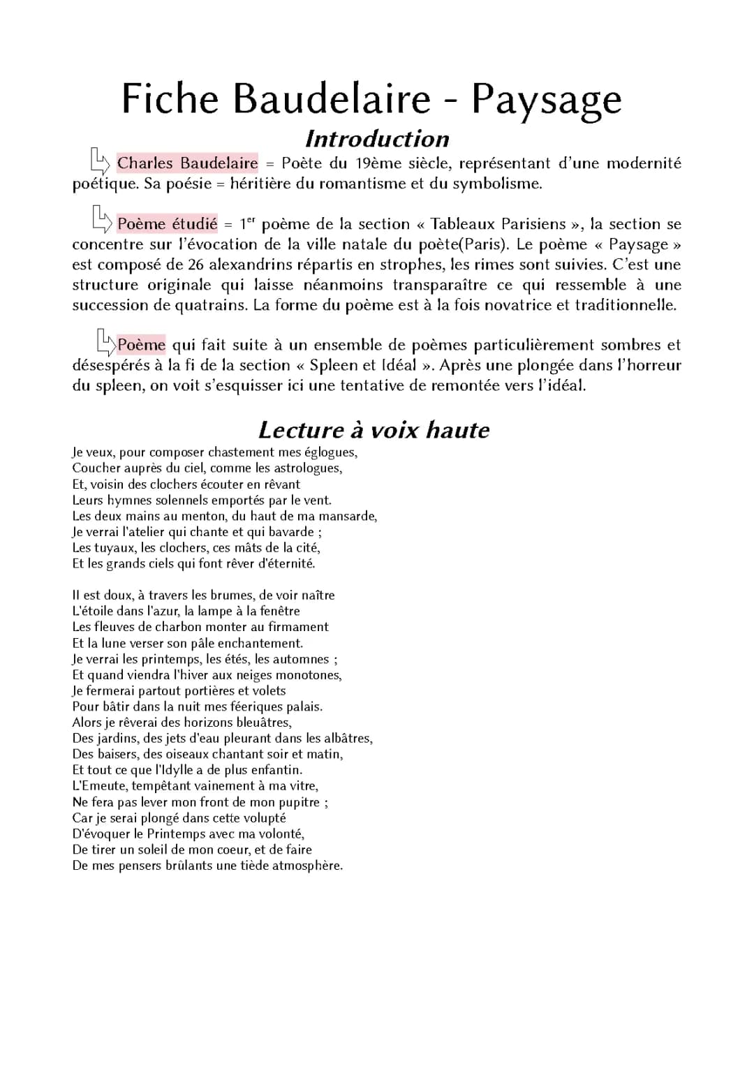 Commentaire de texte : Paysage de Baudelaire, Analyse Les Fleurs du Mal