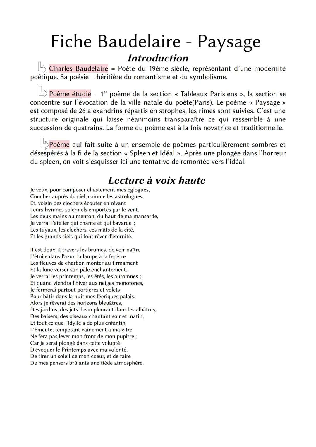Fiche Baudelaire - Paysage
Introduction
Charles Baudelaire = Poète du 19ème siècle, représentant d'une modernité
poétique. Sa poésie = hérit