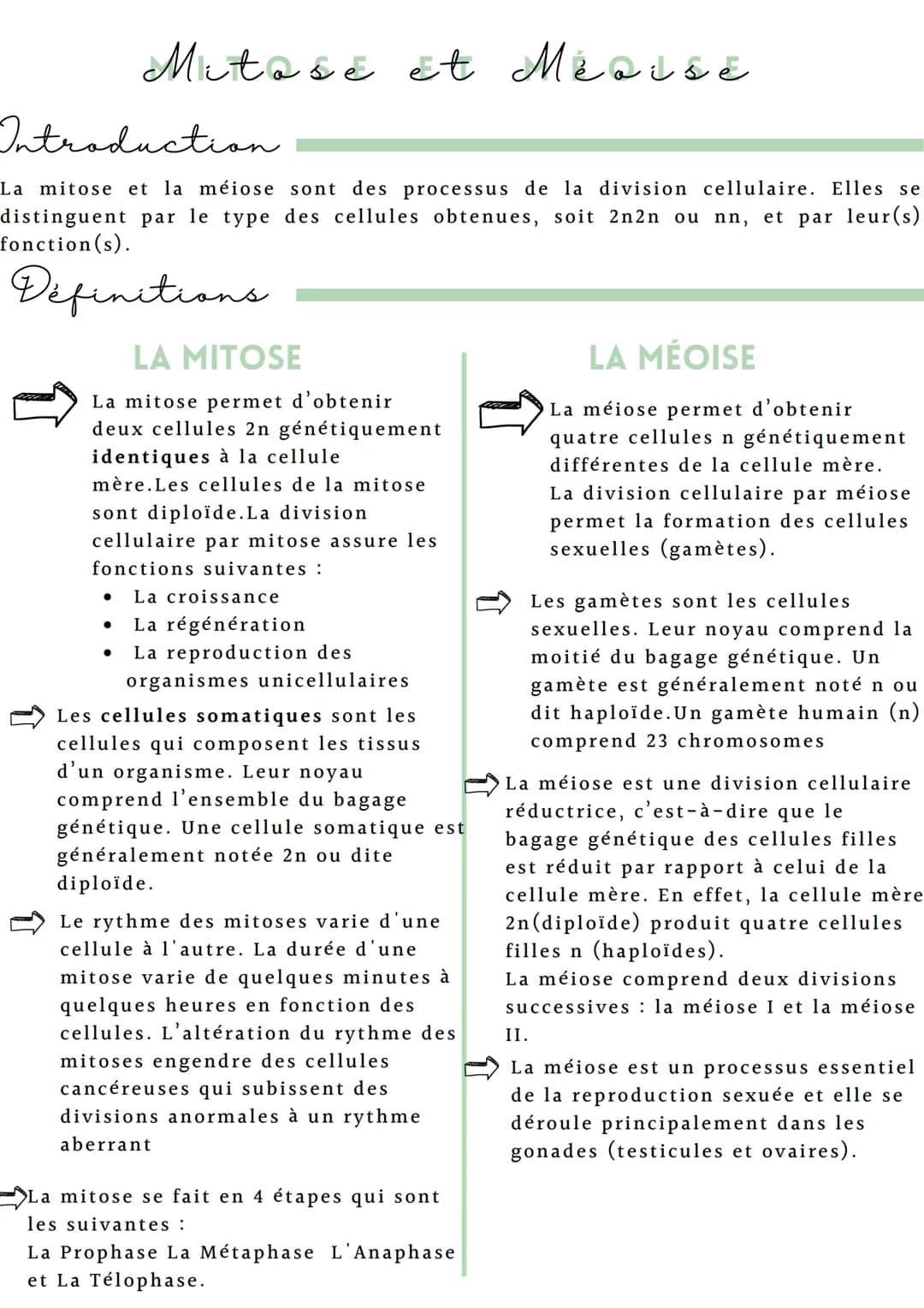 Introduction
La mitose et la méiose sont des processus de la division cellulaire. Elles se
distinguent par le type des cellules obtenues, so