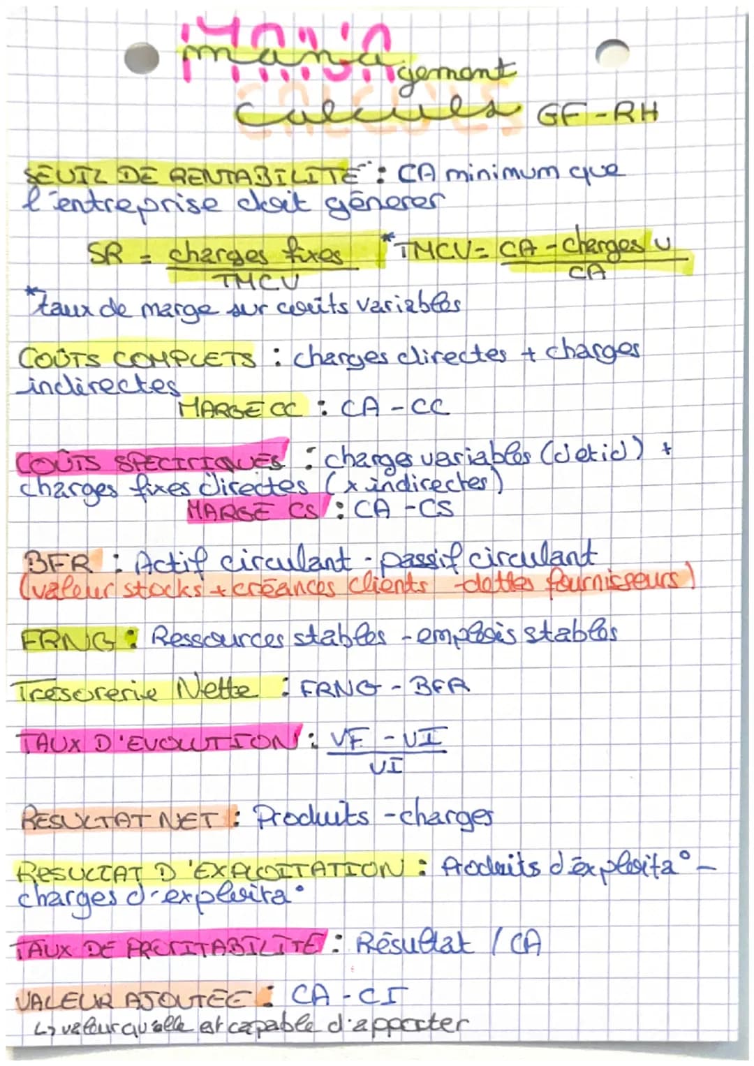 management
cued gement
Calculs GF-RH
C
SEUTZ DE RENTABILITE": CA minimum que
I'entreprise cat generer
SR =
charges fixes "TMCU = CA - charge