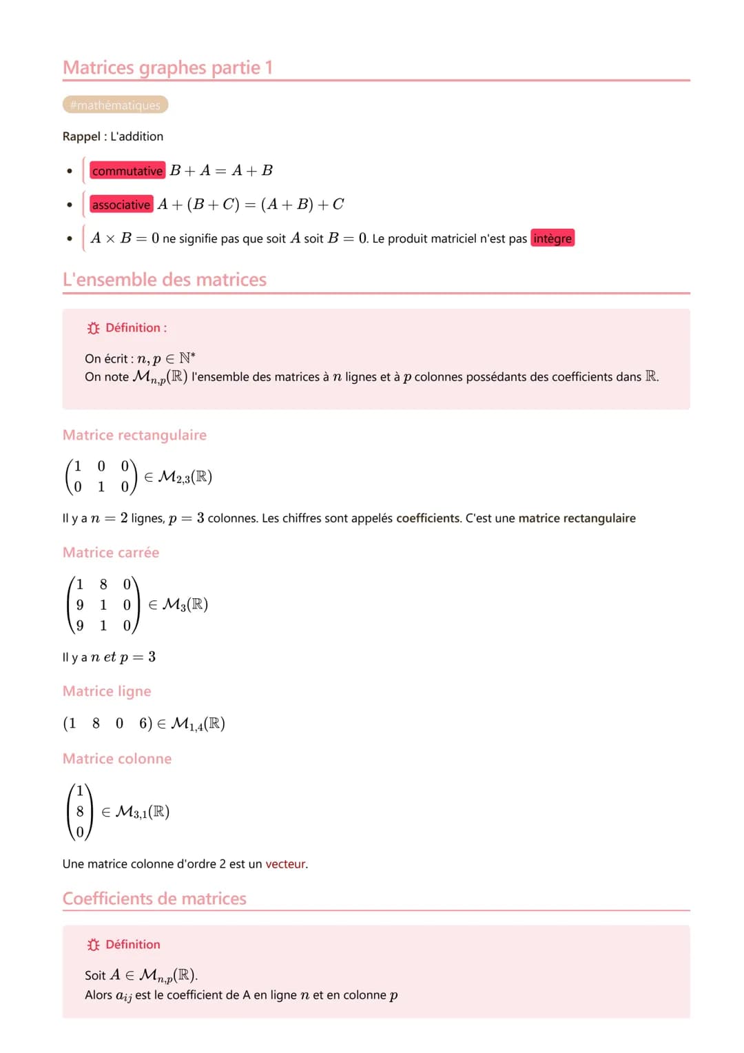 Matrices graphes partie 1
#mathématiques
Rappel L'addition
commutative B+ A = A + B
associative A+ (B+C) = (A + B) + C
A x B= 0 ne signifie 